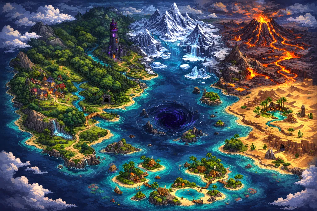 Illustrated map of Exilium's 11 regions