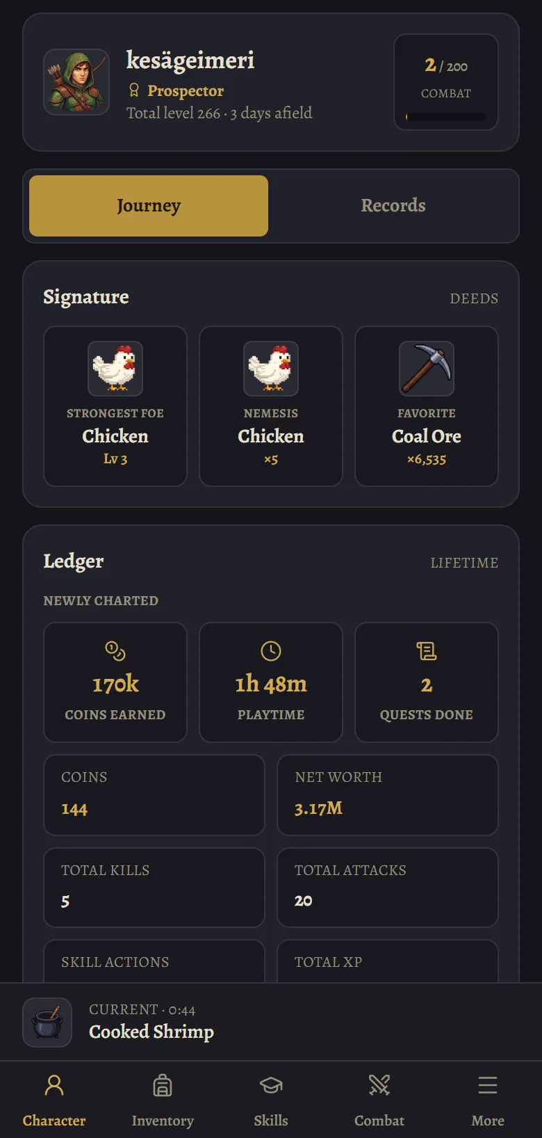Character journey showing level, calling, and stats