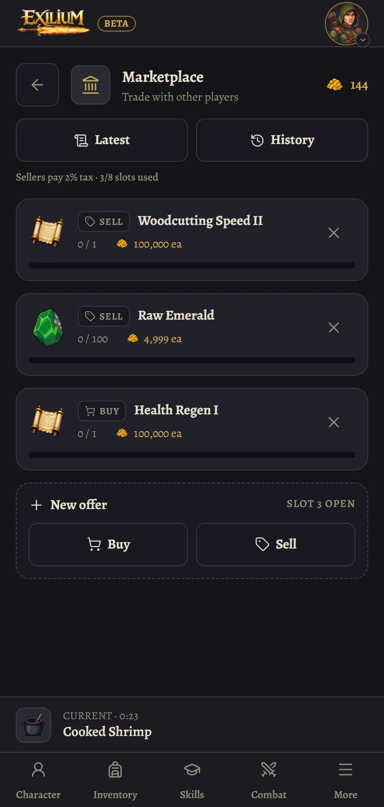 Marketplace order book with player offers