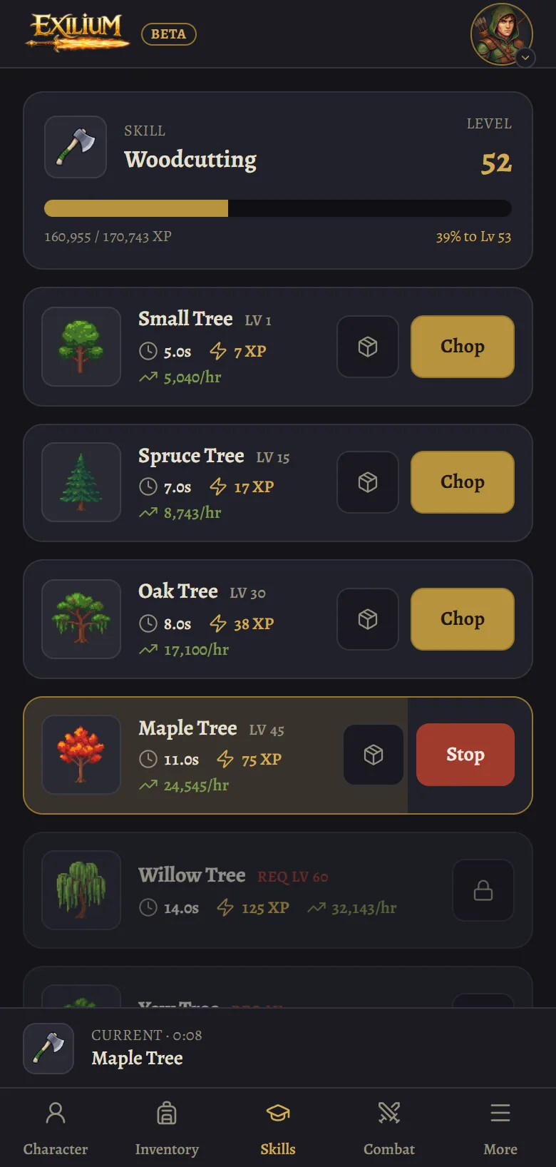 Woodcutting activity earning XP and logs
